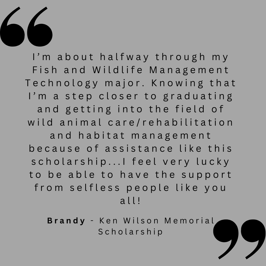 I'm about halfway through my Fish and Wildlife Management Technology major. Knowing that I'm a step closer to graduating and getting into the field of wild animal care/rehabilitation and habitat management because of assistance like this scholarship...I feel very lucky to be able to have the support from selfless people like you all!
Brandy - Ken Wilson Memorial Scholarship